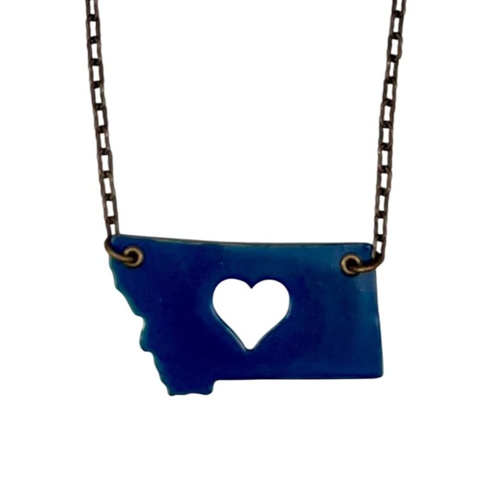 Montana State Necklace With Heart Cut-Out Blue On Bronze Finish Chain 18"